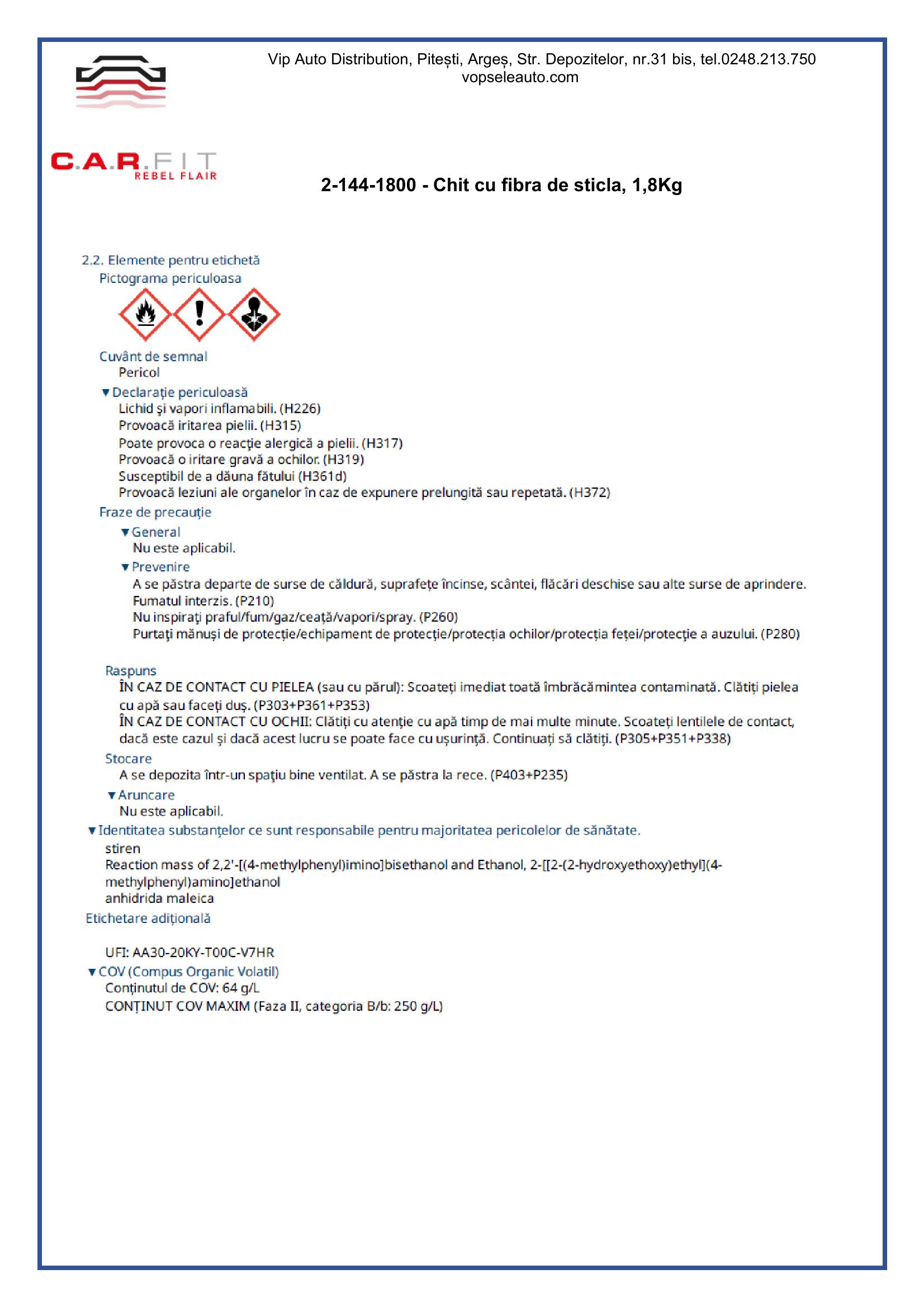 Chit cu fibra de sticla, 1,8Kg, C.A.R. FIT