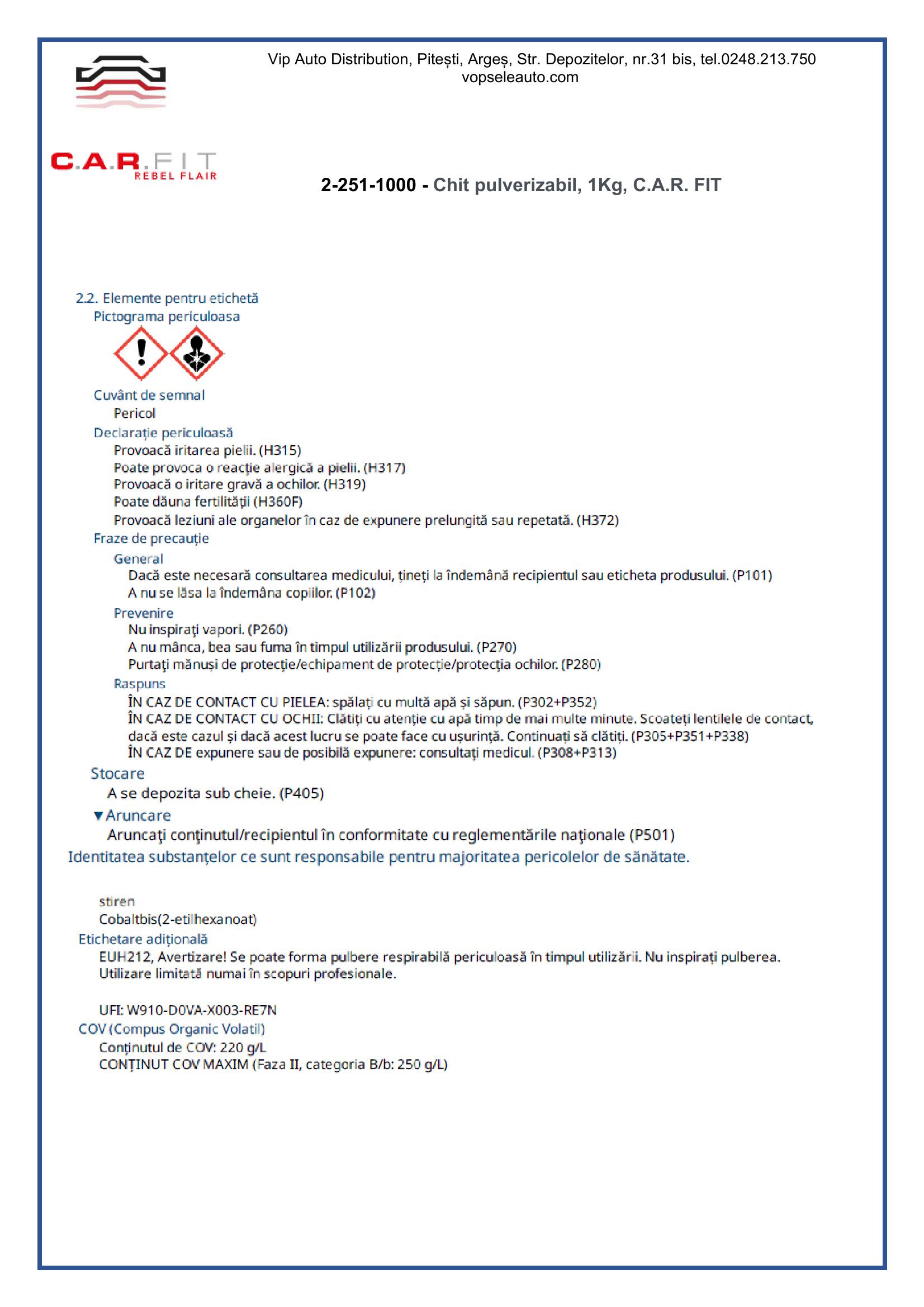 Chit pulverizabil, 1Kg, C.A.R. FIT