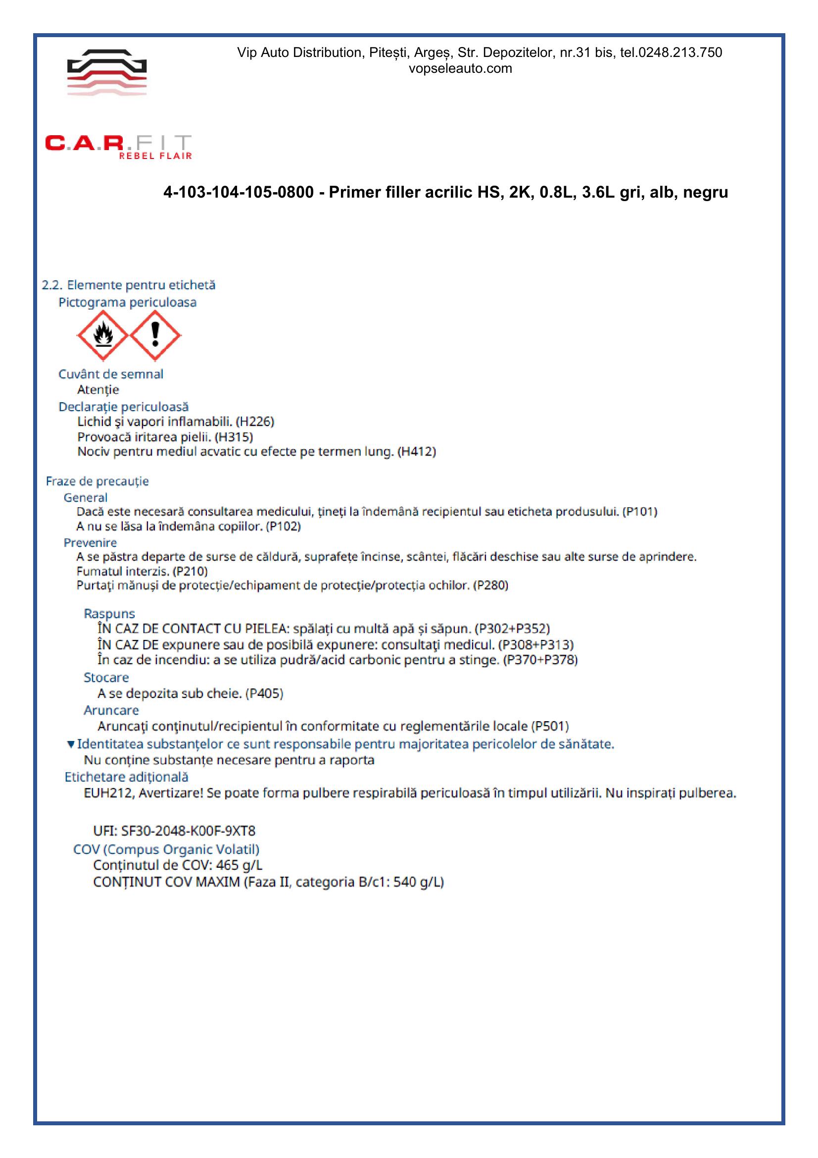 Primer filler acrilic HS, 2K, gri, 0.8L, C.A.R. FIT