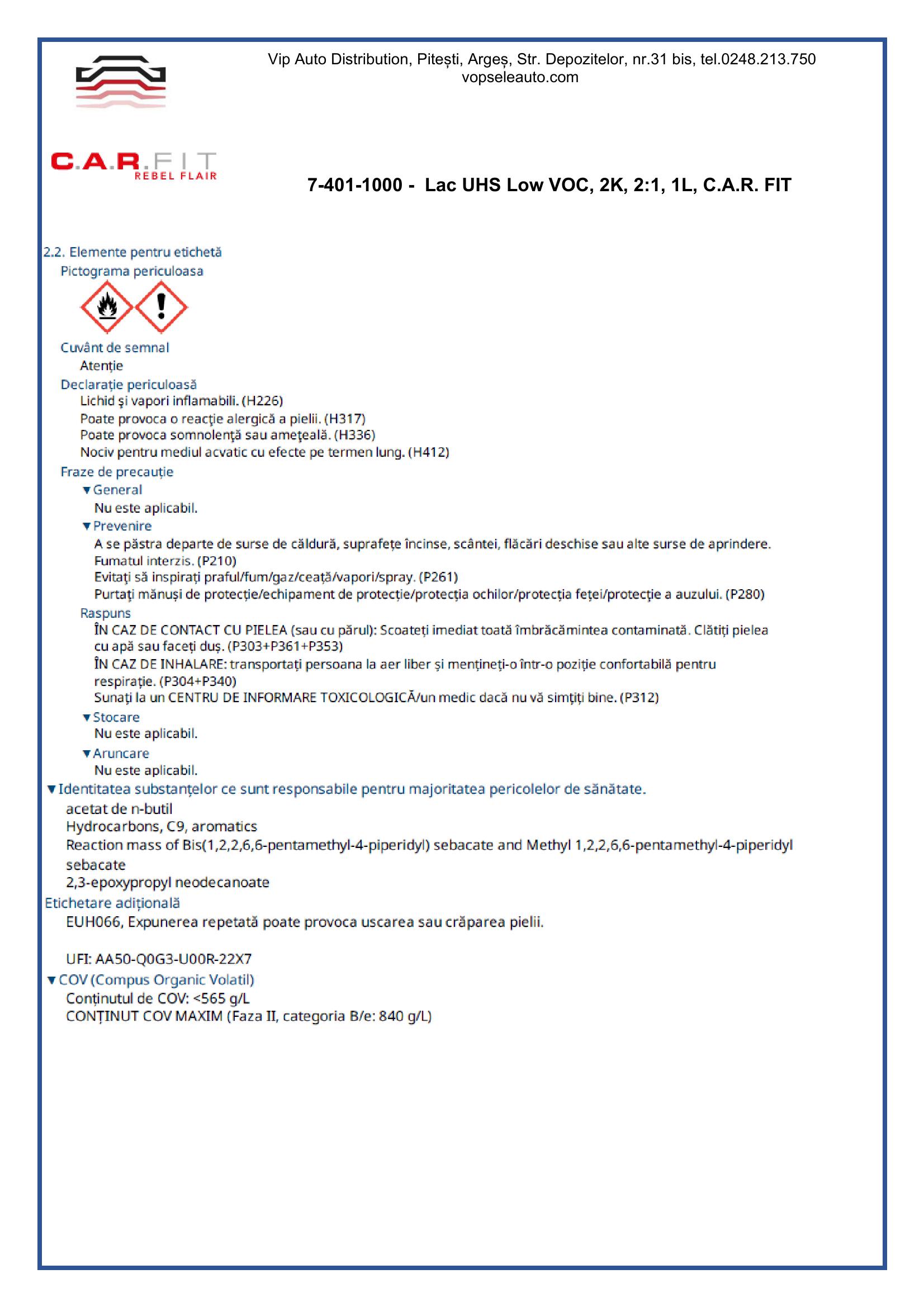 Intaritor standard pentru lac HS rezistent la zgarieturi, 2.5L, C.A.R. FIT