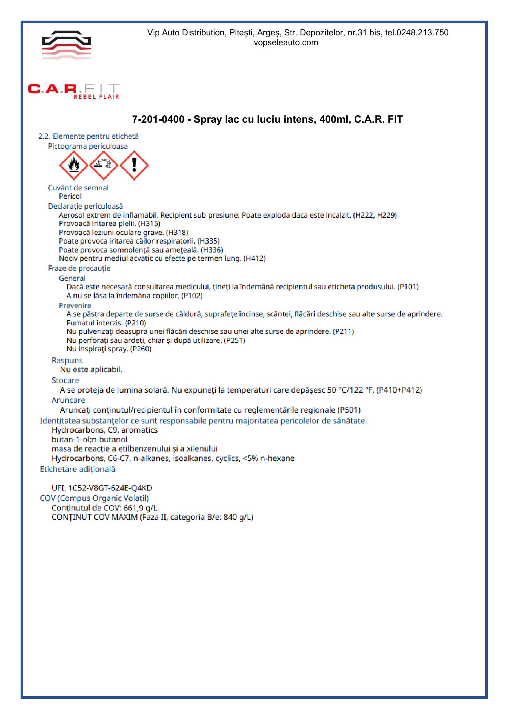 Spray lac cu luciu intens, 400ml, C.A.R. FIT