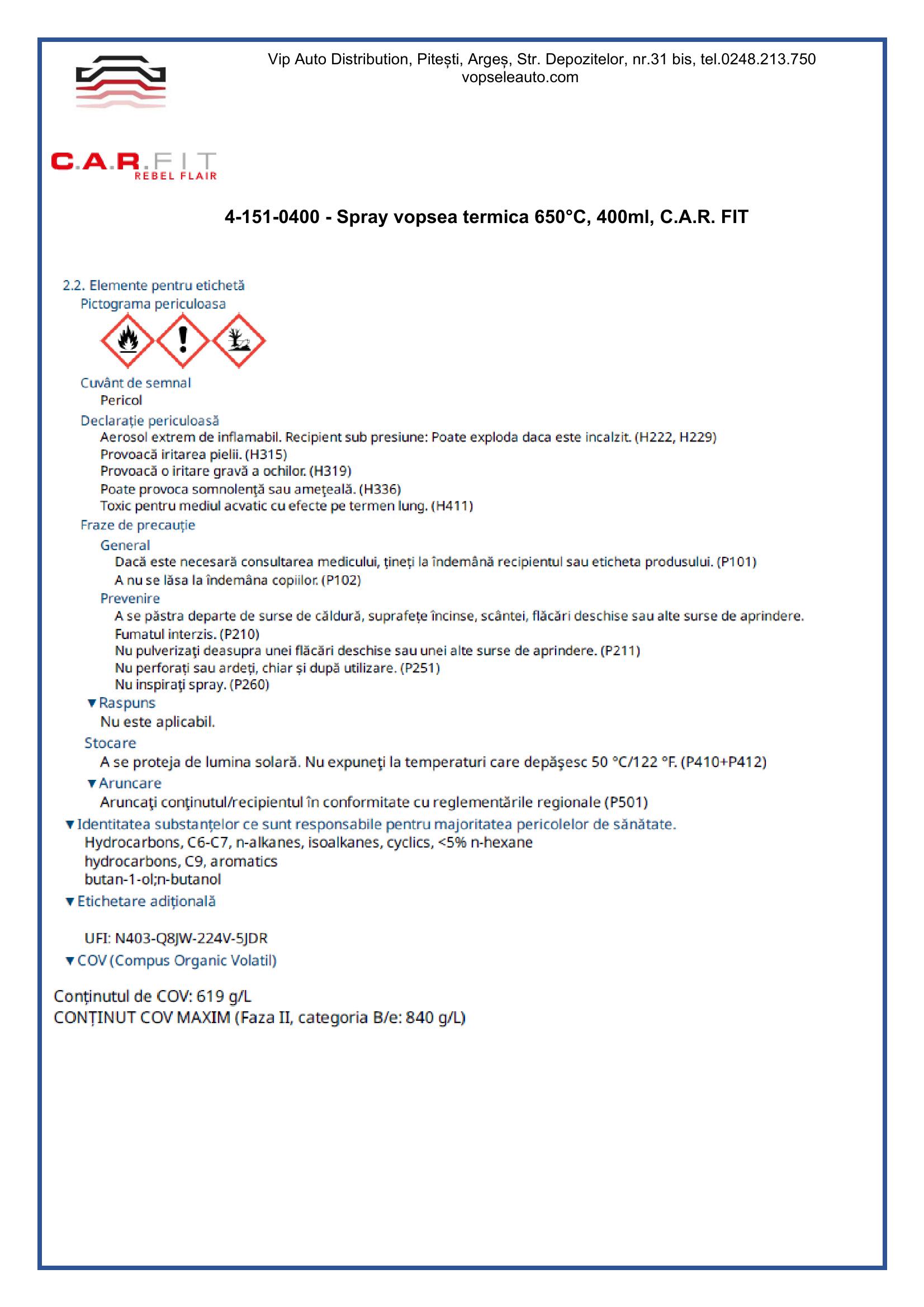 Spray vopsea termica 650°C, 400ml, C.A.R. FIT