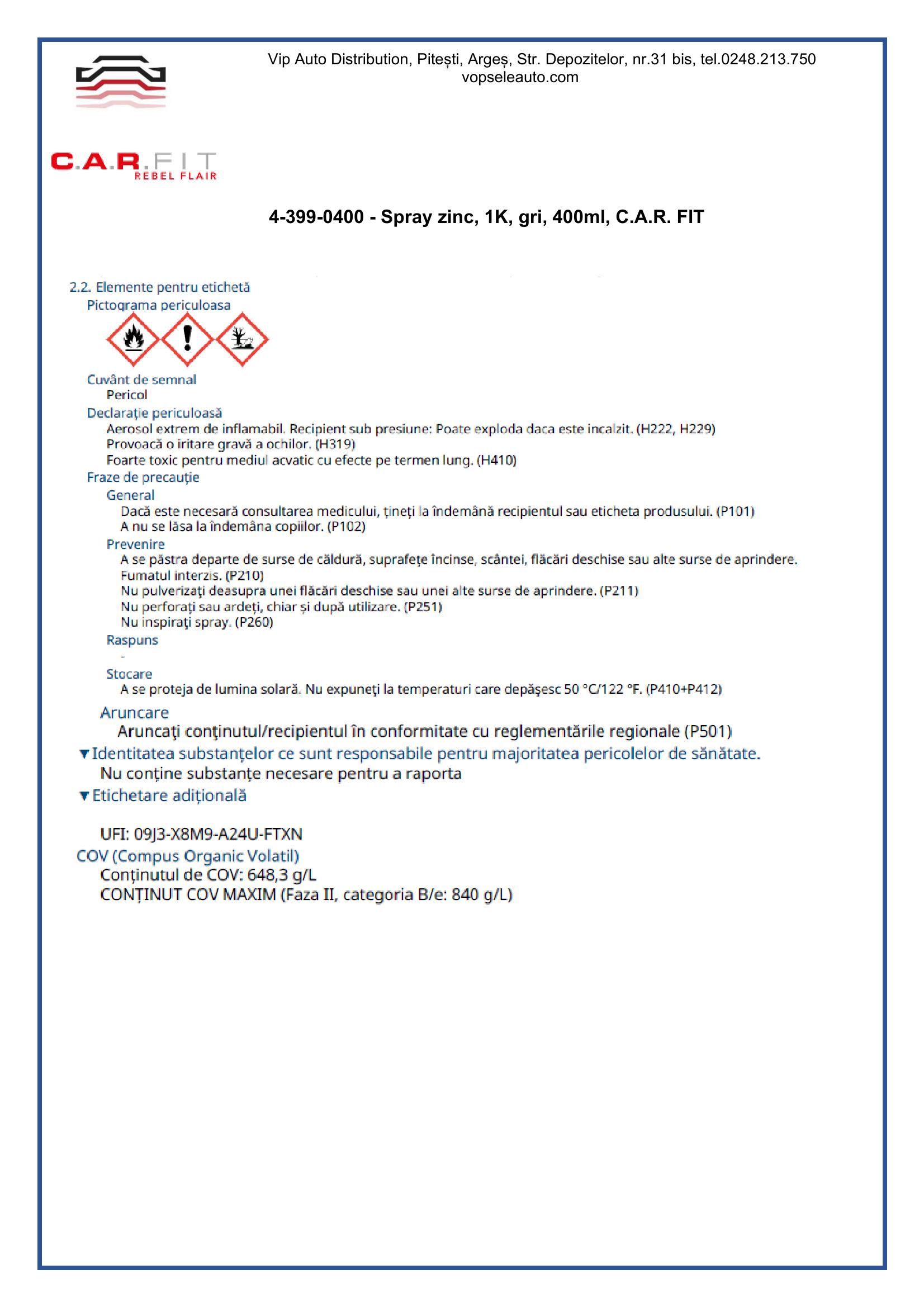 Spray zinc, 1K, gri, 400ml, C.A.R. FIT
