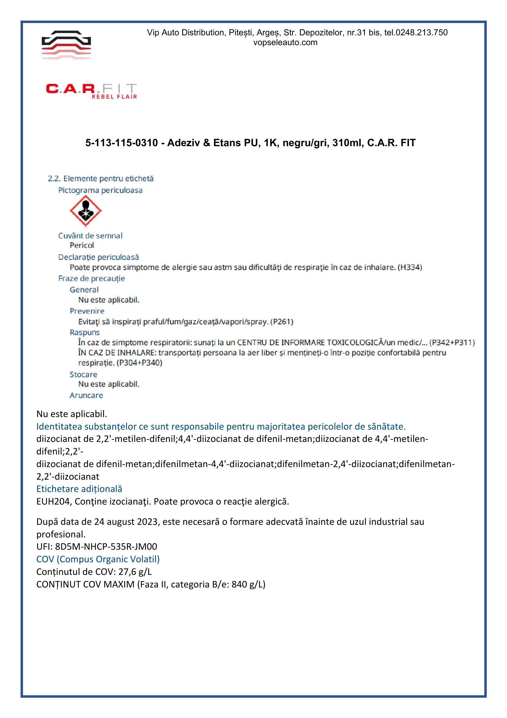 Adeziv & Etans PU, 1K, gri, 310ml, C.A.R. FIT